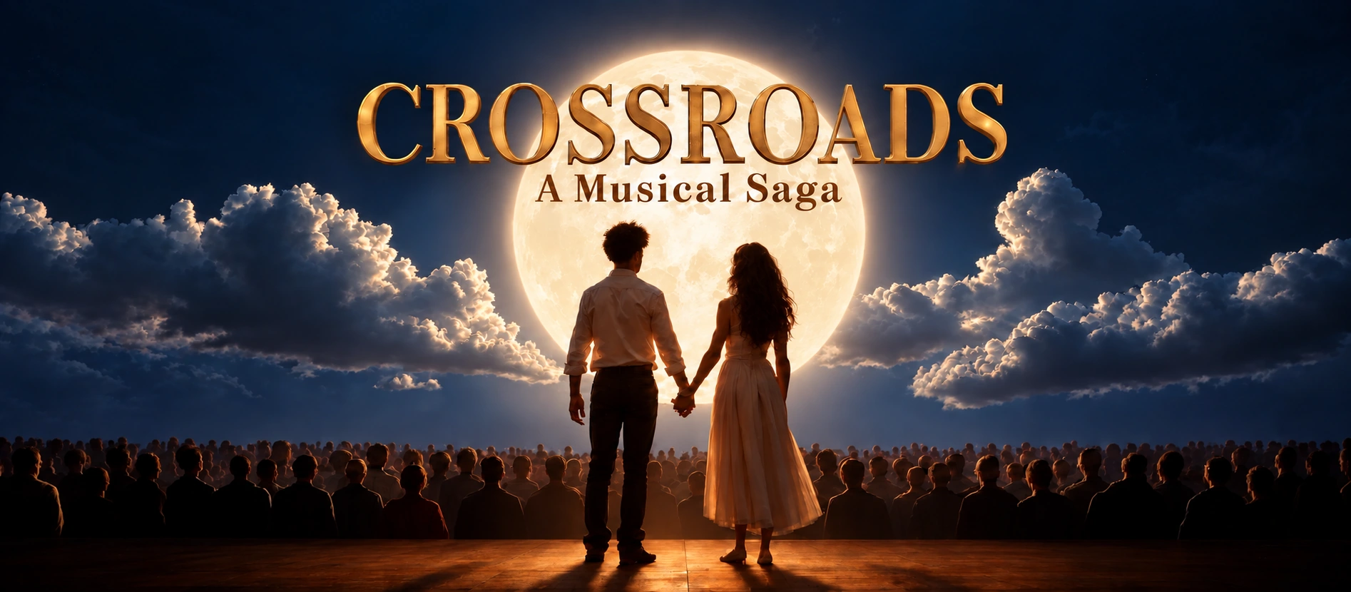CROSSROADS — A Musical Saga. A couple holding hands before a moonlit theatre audience.