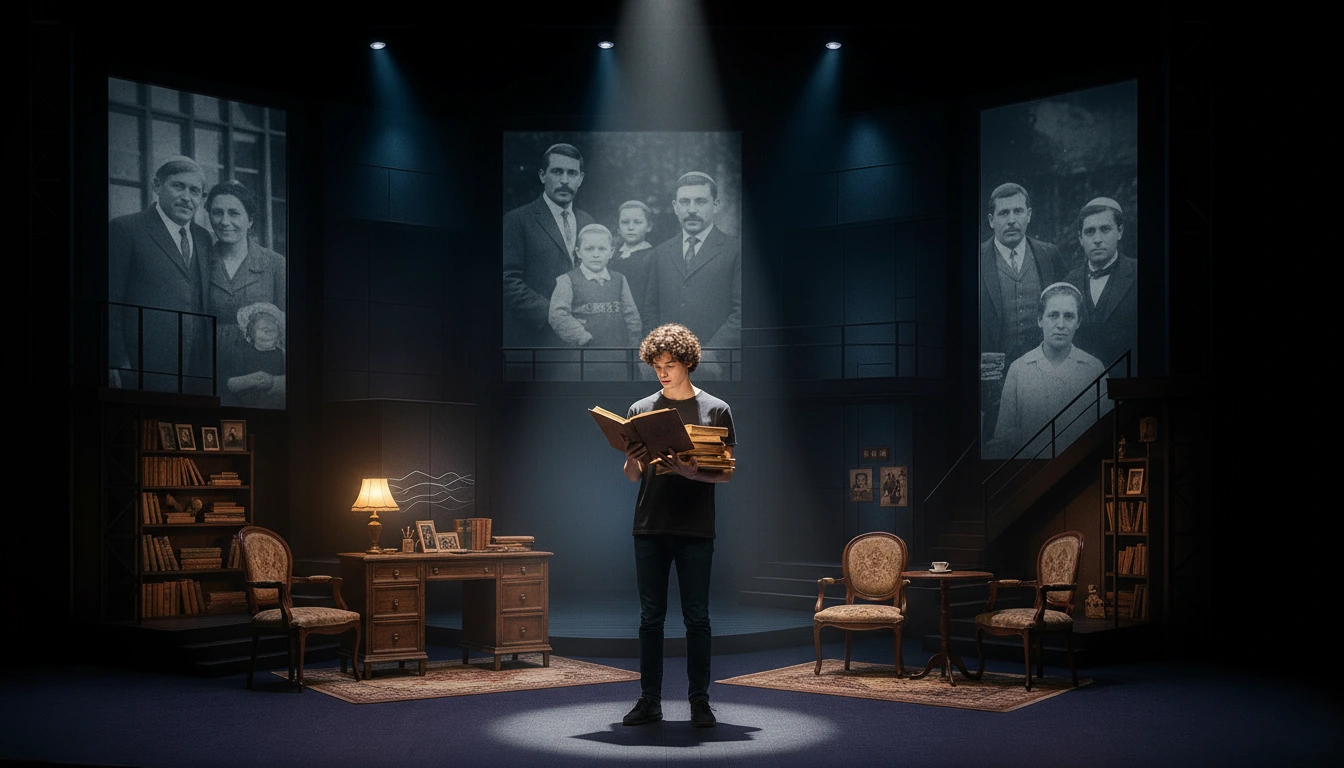 Ariel on stage with a family album beneath projected ancestral portraits