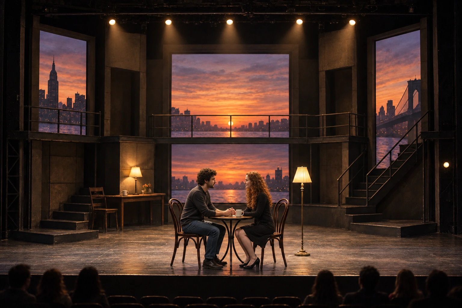 Ariel and Dalia seated together in an intimate theatrical setting