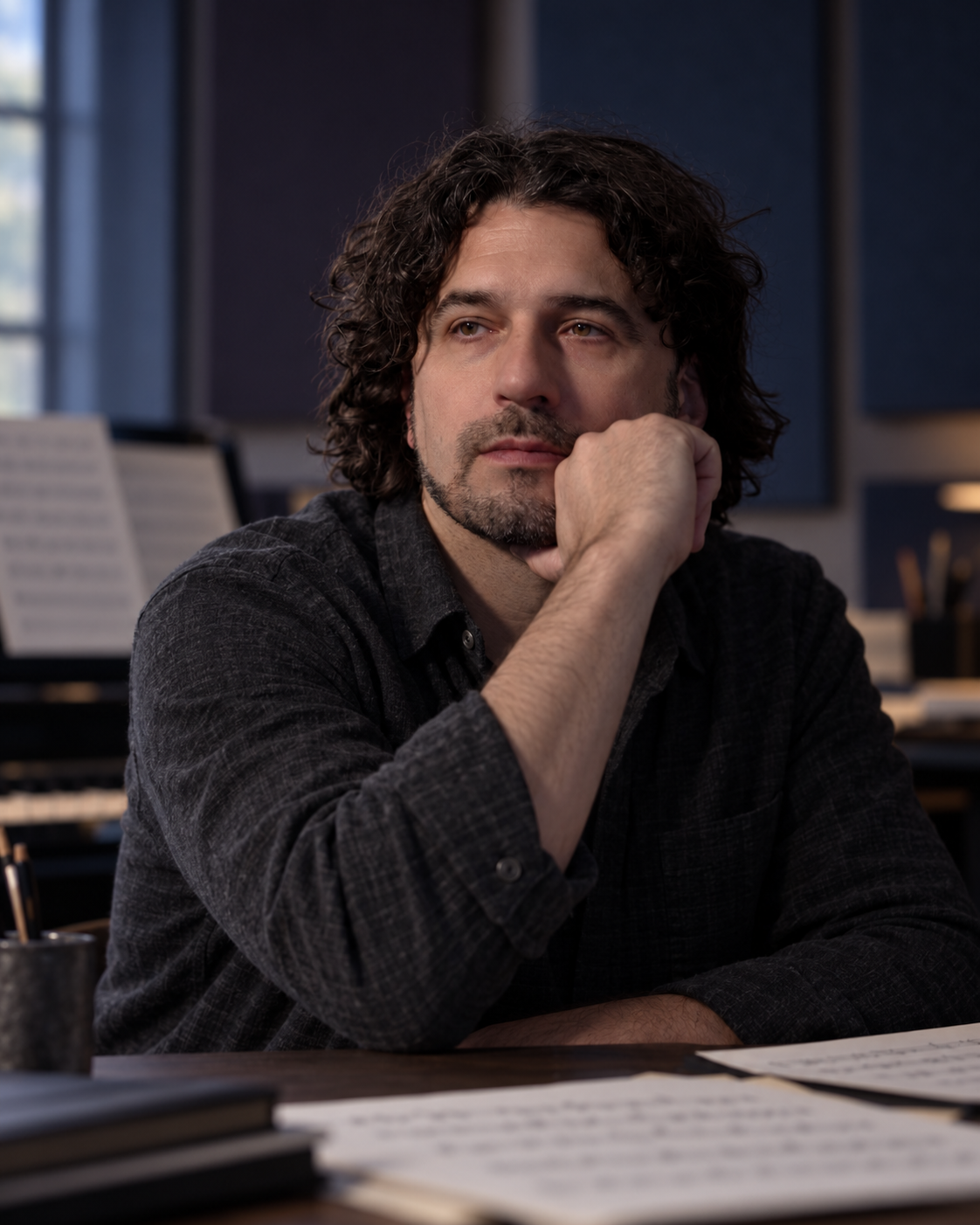 Creative portrait of composer Demitri DARR, generated from his original photograph