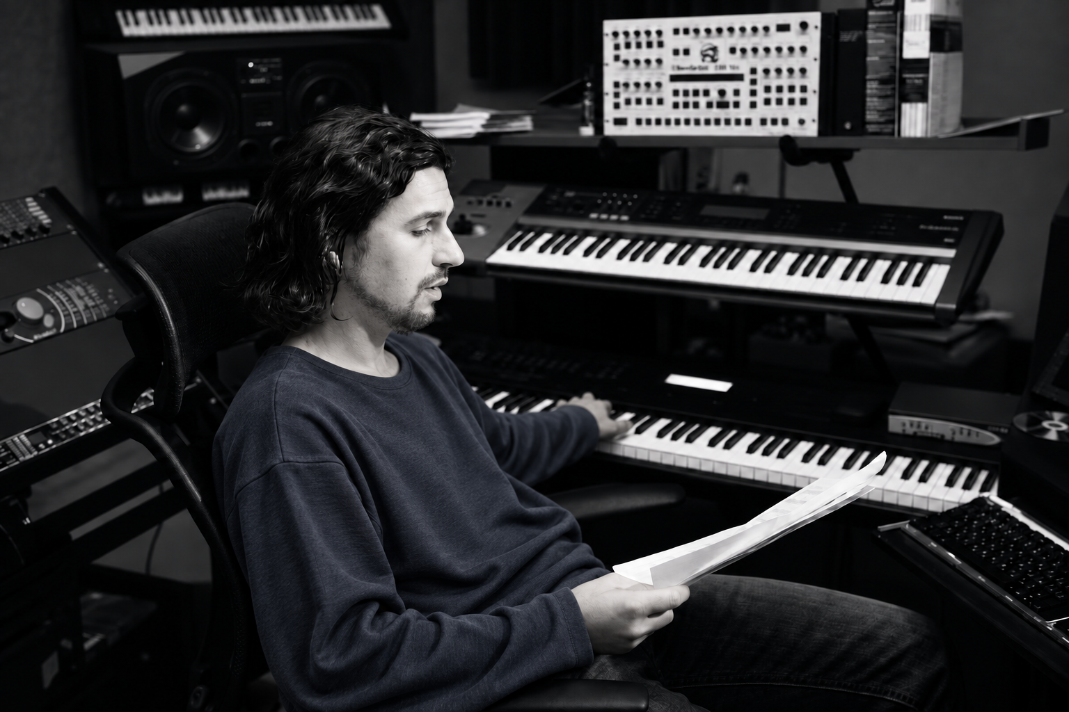 Demitri DARR reviewing music at the studio keyboards