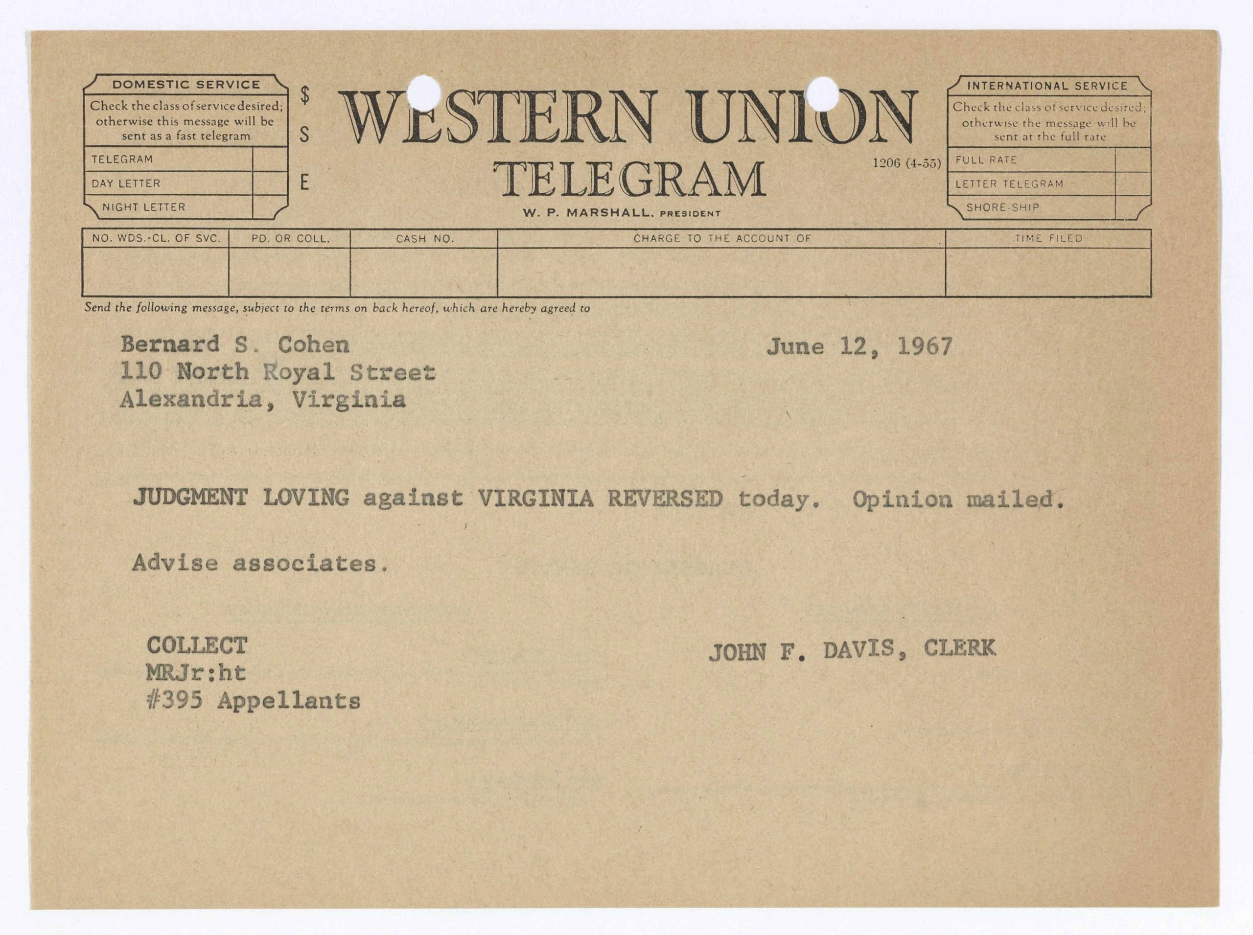 Original telegram informing Bernard Cohen that the judgment in Loving v. Virginia was reversed