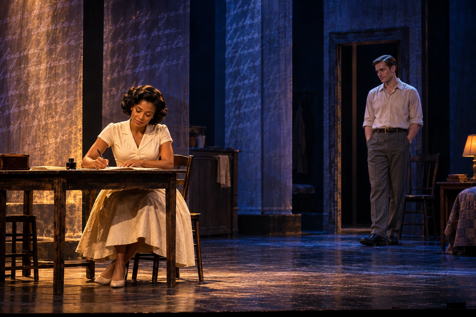 Theatrical concept: Mildred writes a letter at a table, while Richard watches from a doorway