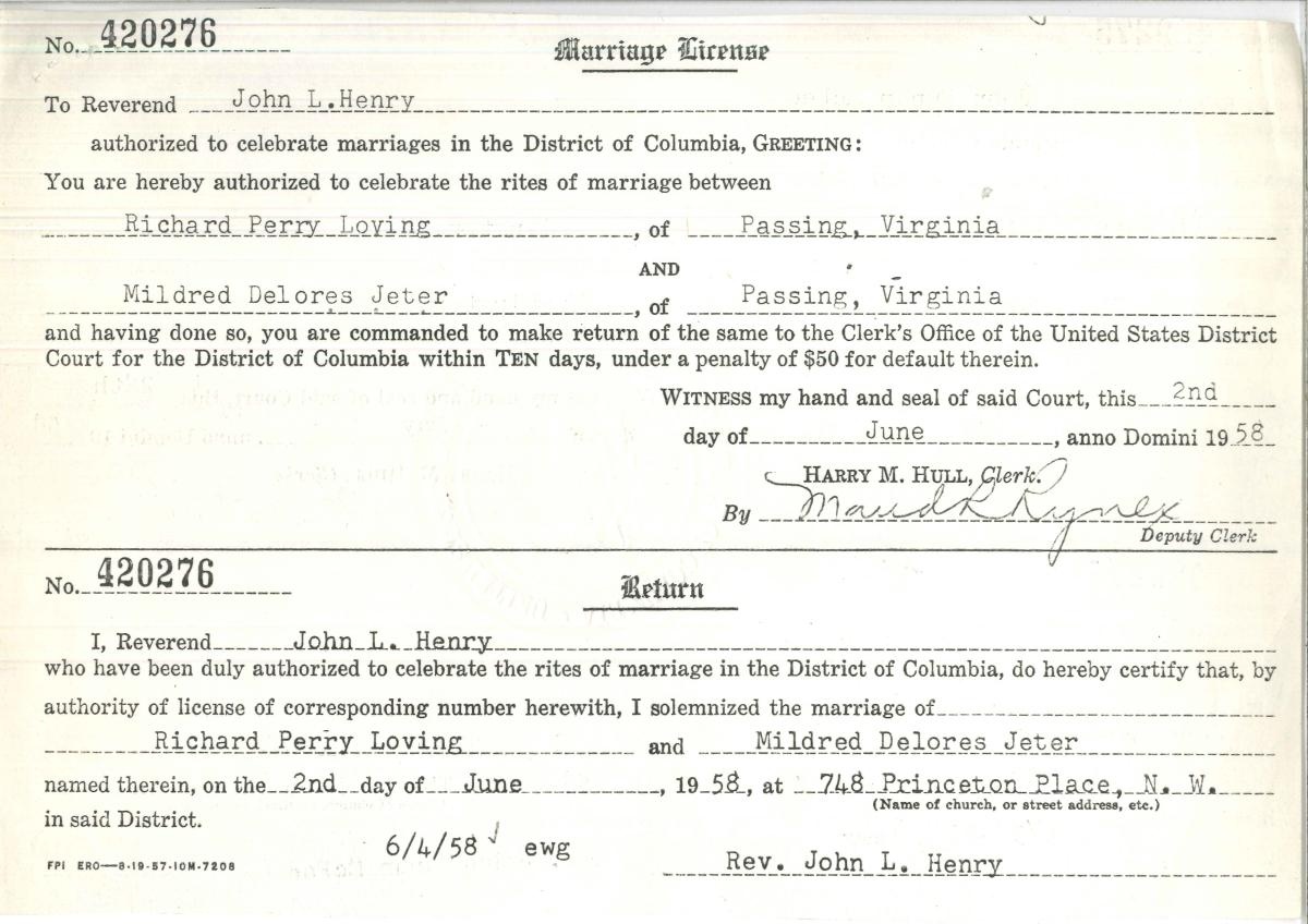 Original marriage license issued June 2, 1958
