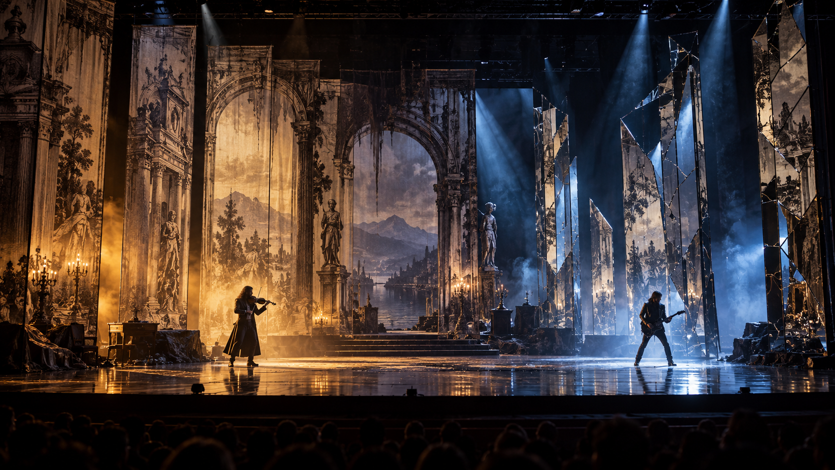 Imagined stage: Paganini and a modern guitarist between historic architectural gauze and fractured mirrors