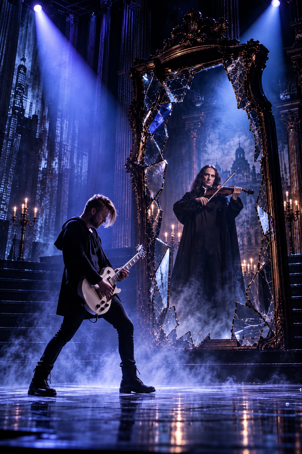 Paganini Rocks — Alex on electric guitar and Paganini playing violin inside a fractured mirror