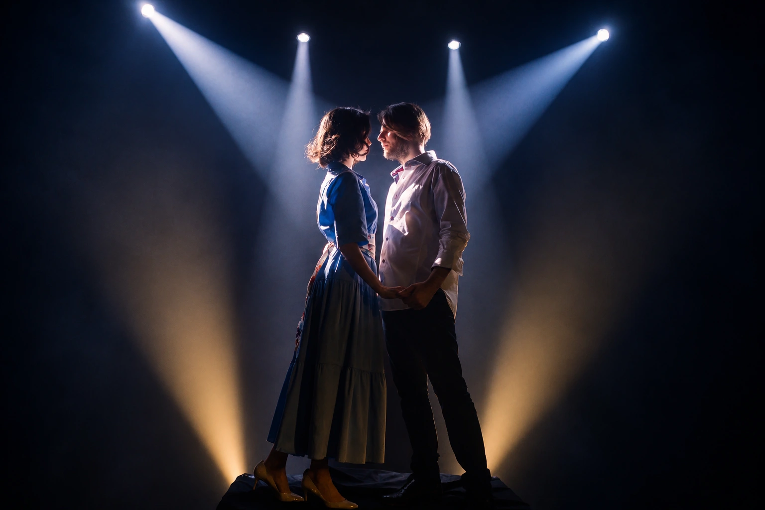 Two performers together on stage in blue and warm theatrical light