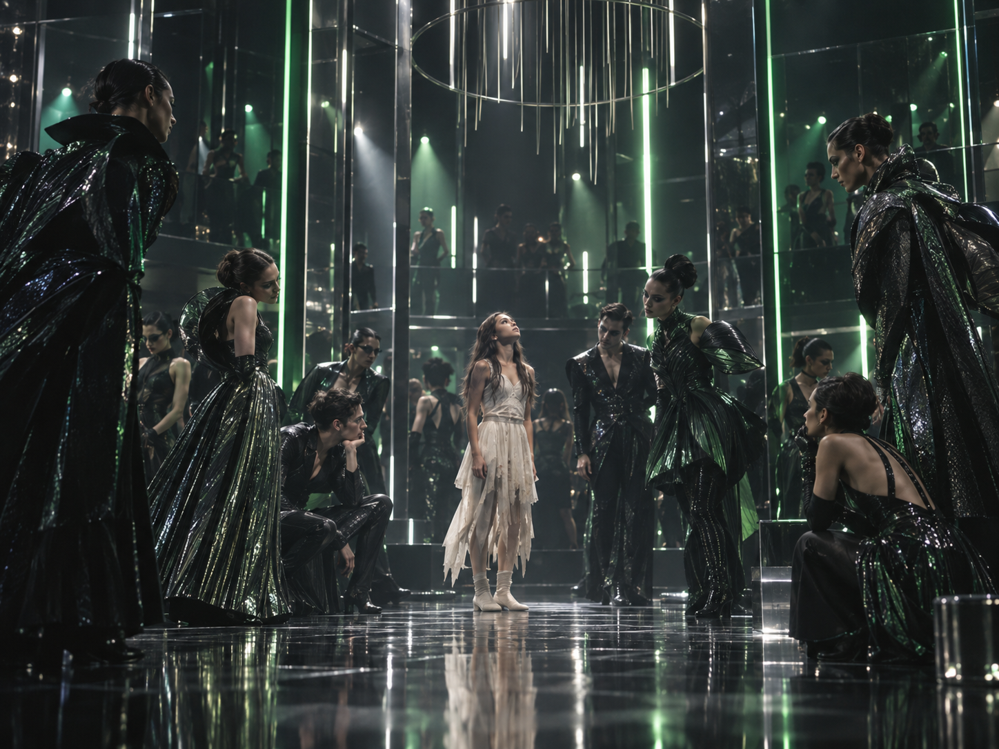 Thumbelina surrounded by towering mirrored structures and the world of fame — stage concept