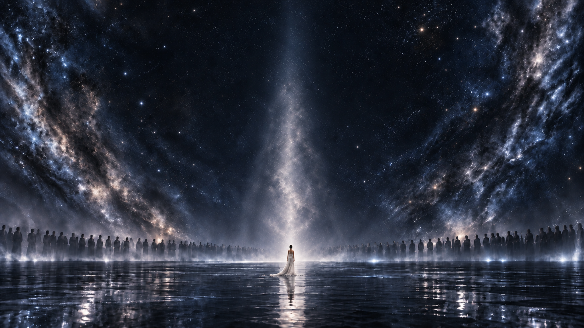 A luminous presence above dark water in the infinite visual world of ETERNO