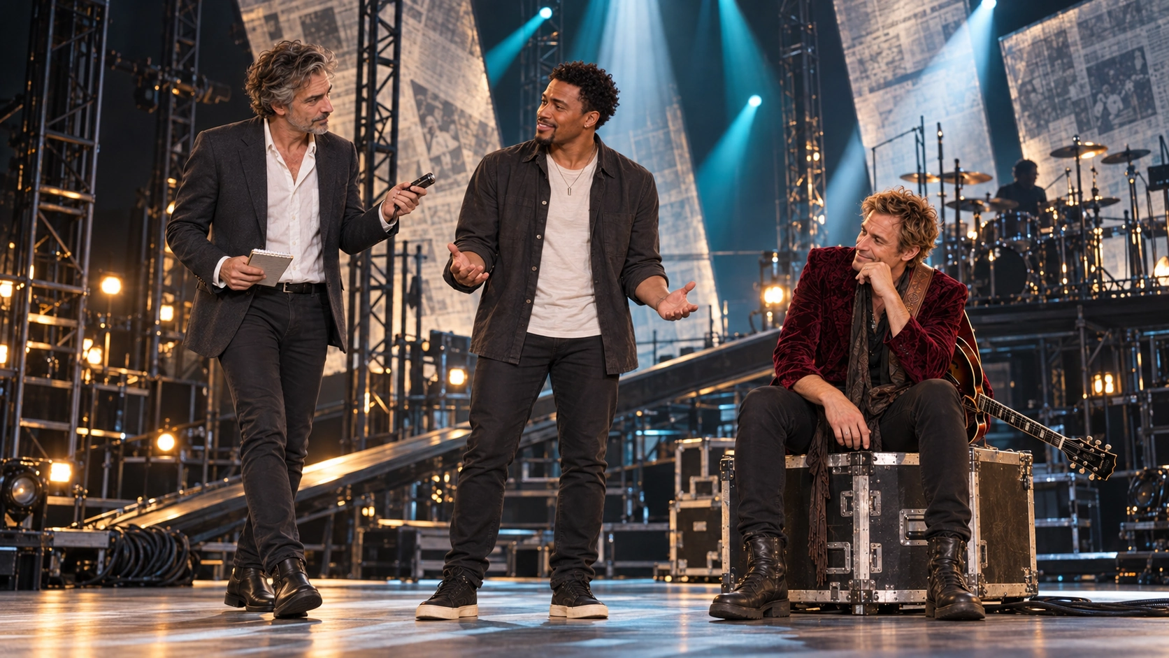 Jacko questions Wings and Chaz on the rock musical stage