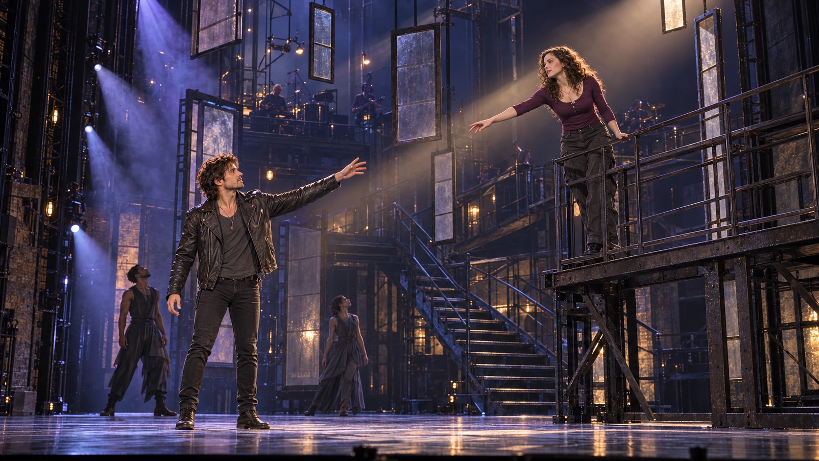 David and Elizabeth reach towards each other across a theatrical bridge
