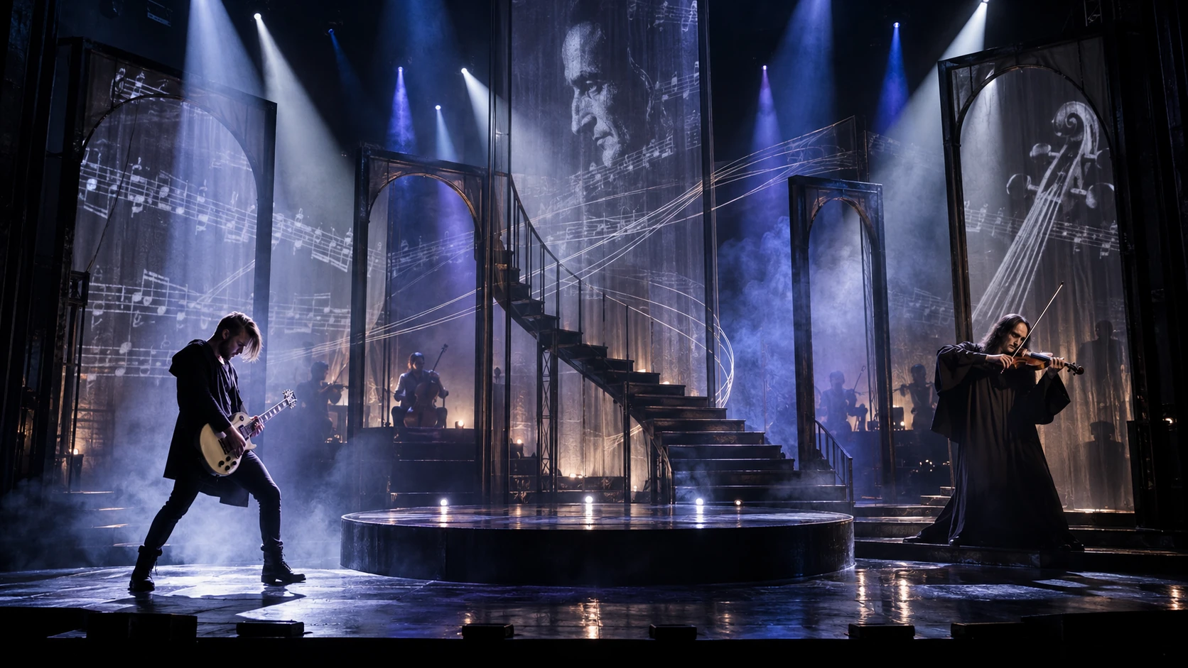 Alex and Paganini on a theatrical stage of light, music and towering screens
